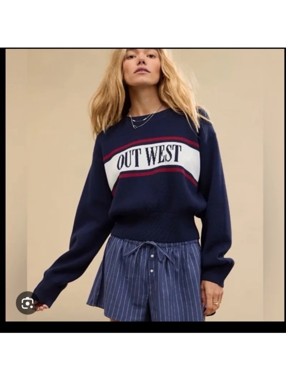 aerie Navy 'OUT WEST' Logo Crewneck Sweater with White & Red Accents